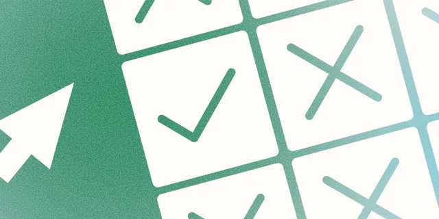 Grain-textured illustration of a cursor selecting a checkmark from a grid of workflow software options