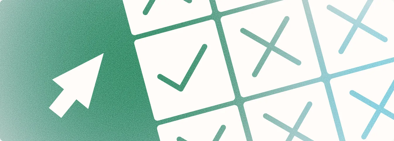 Grain-textured illustration of a cursor selecting a checkmark from a grid of workflow software options