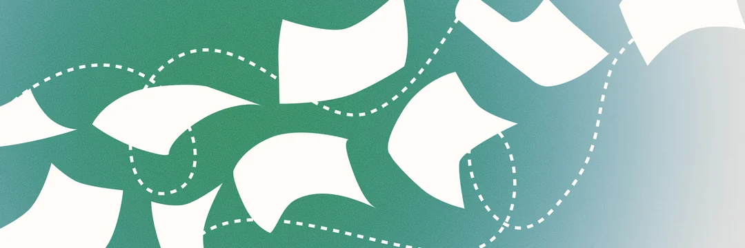 Grain-textured illustration of loose documents scattered across a green gradient with a dashed path threading between them