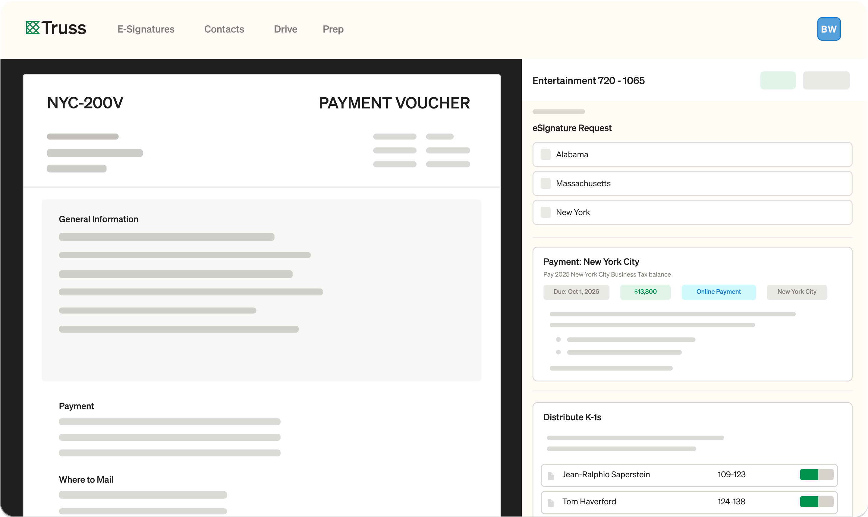 Truss assembly and delivery view with a payment voucher, eSignature request, and K-1 distribution
