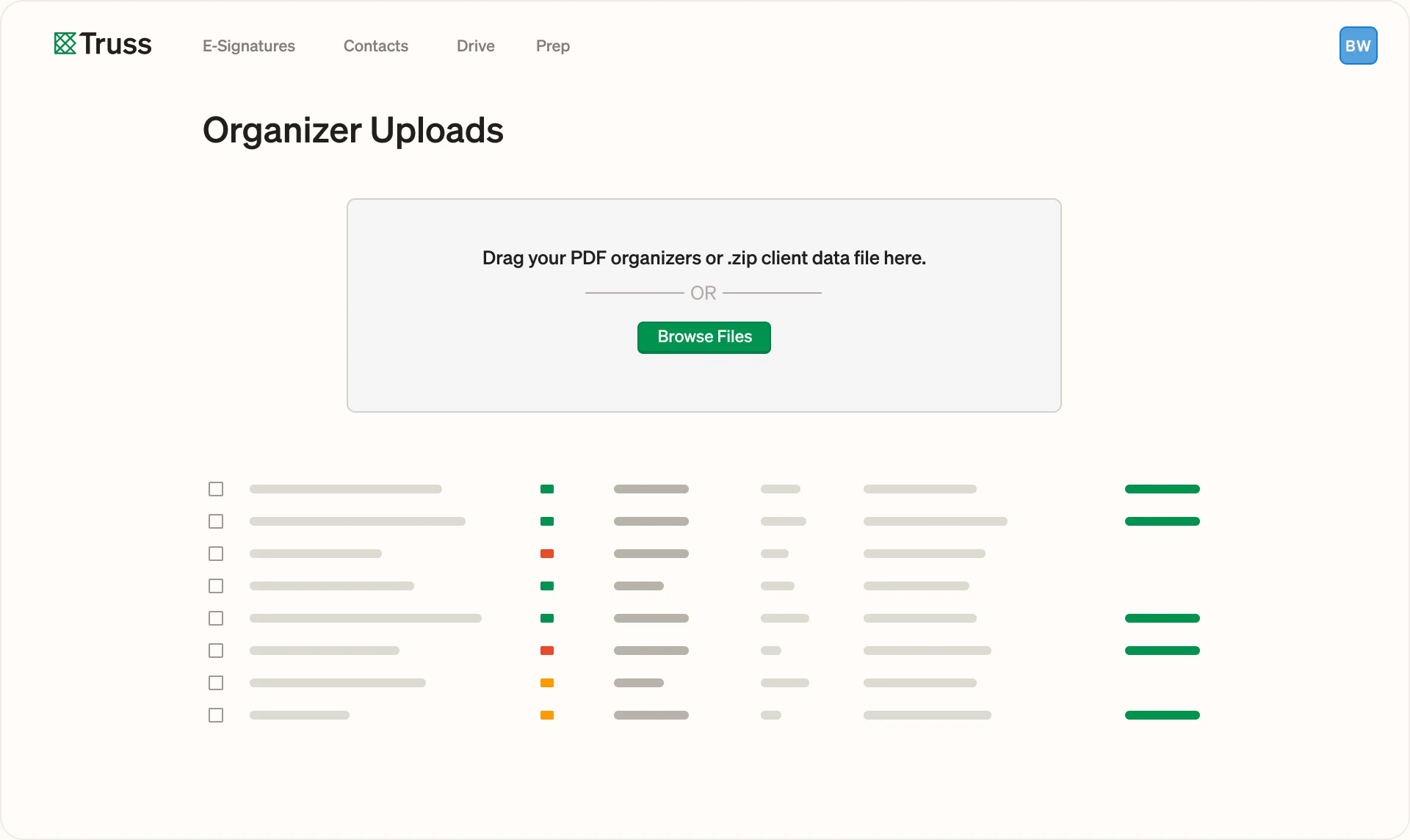 Truss Organizer Uploads dashboard showing client document uploads and status tracking