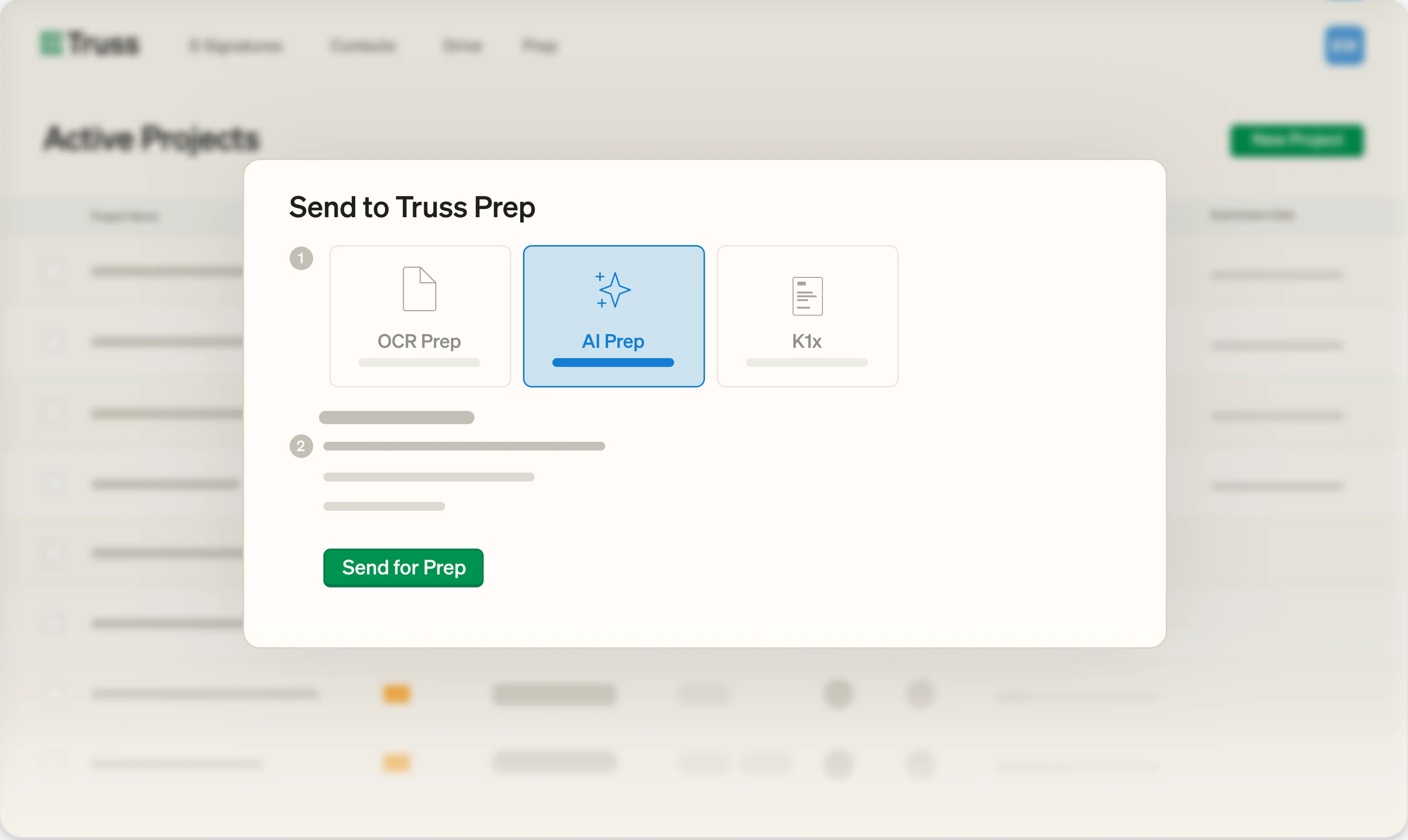 Truss Prep modal to send a project for AI prep