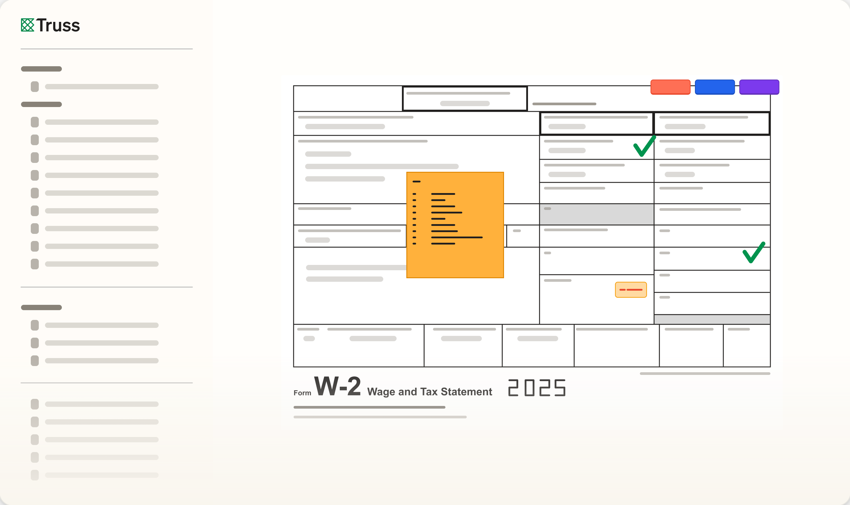 Truss workpaper view with a combined W-2 pack, tick marks, and annotations