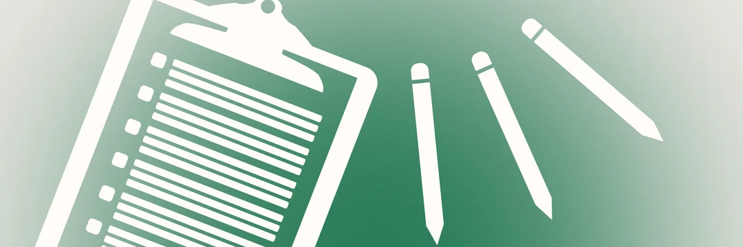 Grain-textured illustration of a clipboard of ruled workpaper lines beside three pencils on a green gradient